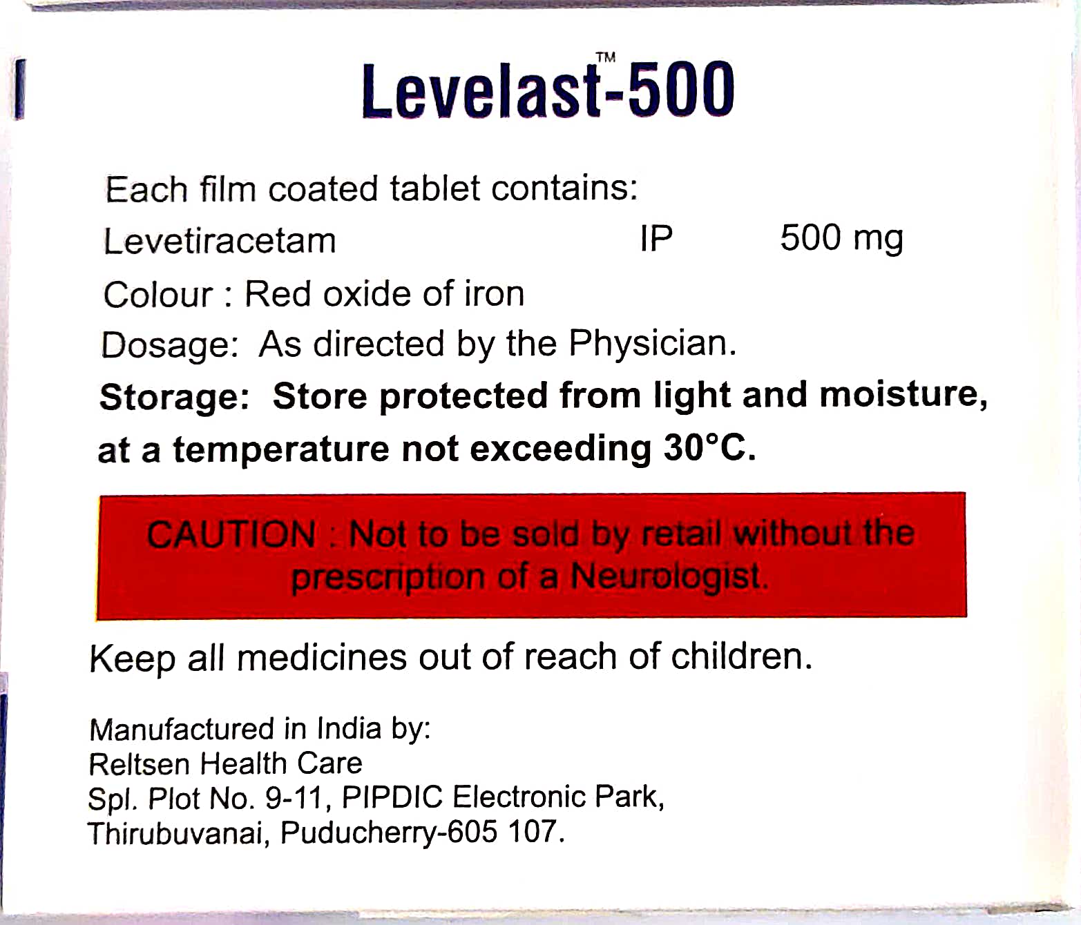 LEVELAST 500 Levetiracetam 500mg Tablet SANIX FORMULATION PVT LTD